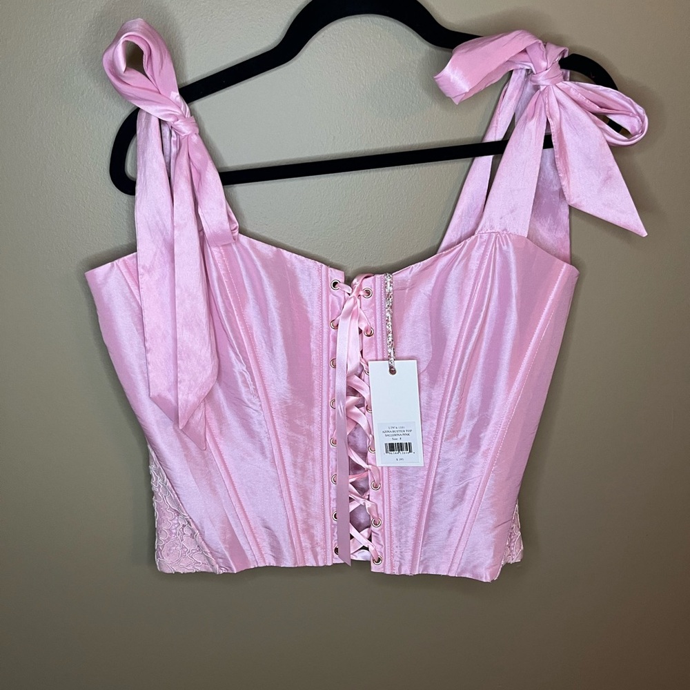 LoveShackFancy Pink Lace-Up Satin Corset Top